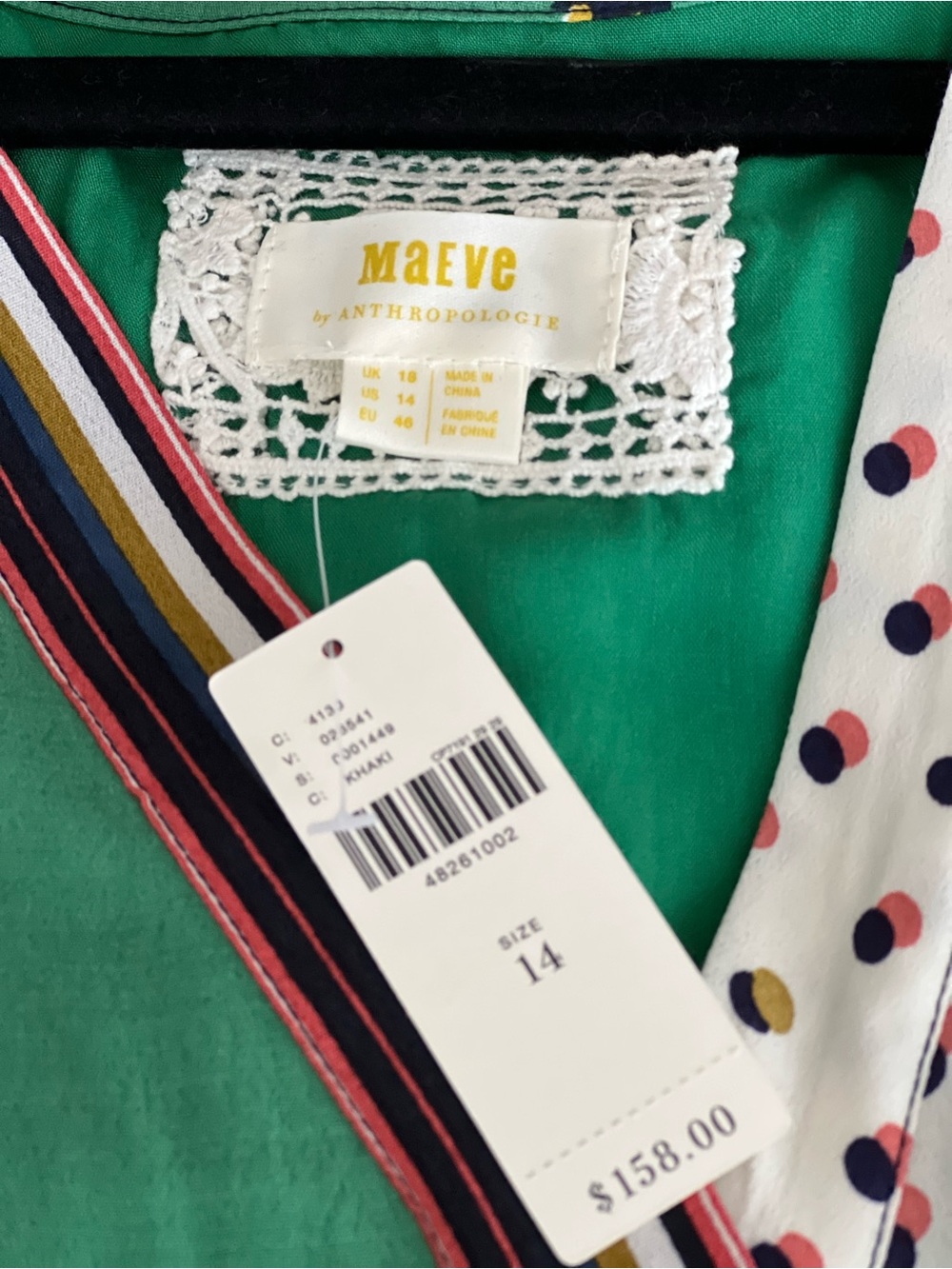 Anthropologie, Maeve, Size 14 Green Floral & White Polka-Dot Wrap Dress - Picture 5 of 8